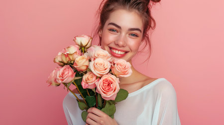 Delighted woman with a playful updo, clutching a delicate bouquet of pink rosesの素材