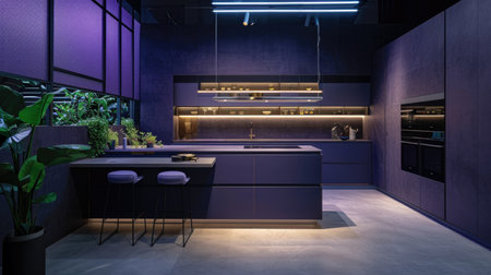 Sleek kitchen design with purple lighting and plantsの素材