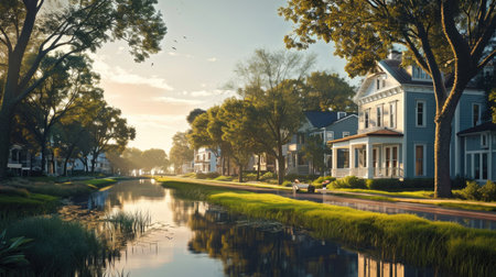 Idyllic neighborhood with houses along a tranquil waterwayの素材