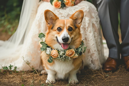 A cheerful corgi adorned with a floral collar sits at a weddingの素材