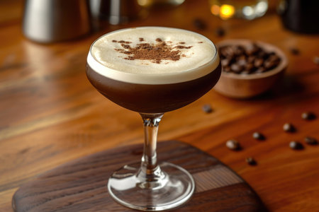 Rich espresso martini topped with froth, served in a classic glassの素材