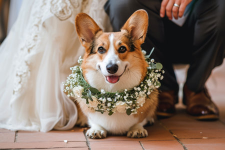 Smiling corgi wearing a floral collar at a wedding, with bride and groom in the backgroundの素材