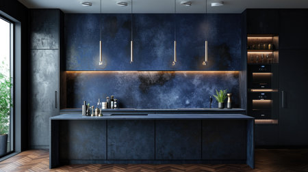 Luxurious kitchen interior with deep blue tones and ambient lightingの素材