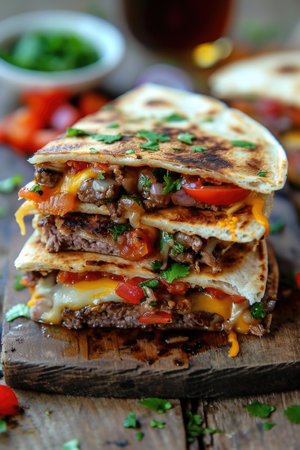 Juicy beef and melted cheese quesadilla garnished with tomatoes and cilantroの素材