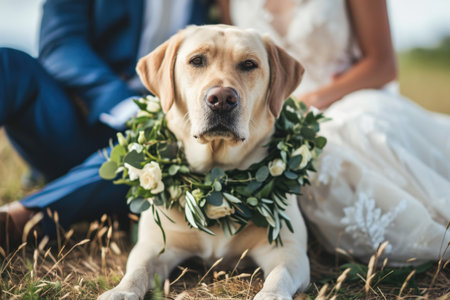 Labrador retriever lying in grass with a bridal couple in the backgroundの素材