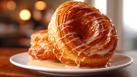 Close-up of a glazed croissant on a plate with warm background lightingの素材
