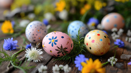 Artfully painted Easter eggs among spring flowers on wooden surfaceの素材