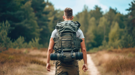 Man with backpack hiking alone on a forest path, adventure and nature conceptの素材