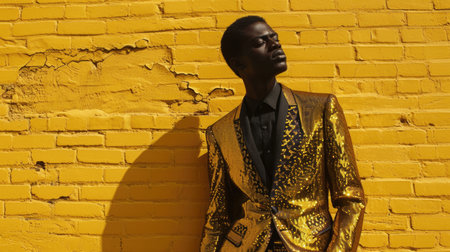 A dark-skinned model in a golden sequin suit poses during the golden hour against a yellow backdropの素材