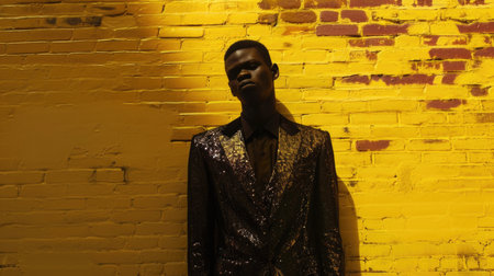 Fashion-forward dark-skinned man posing confidently in a sparkling gold jacket against a yellow brick wallの素材