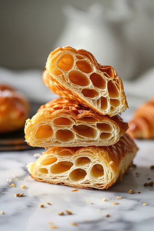 A honeycomb croissant stack showcasing its airy layers and textureの素材