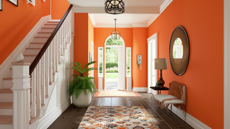 Spacious hallway in a modern home with vibrant orange walls and natural lightの素材