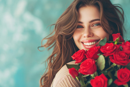 Radiant young woman with flowing hair, holding a vibrant bouquet of red rosesの素材