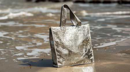 Shimmering silver tote bag standing on a sandy beach with ocean backdropの素材