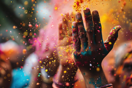 Vivid colors burst from hands in celebration of Holi, the festival of colorsの素材