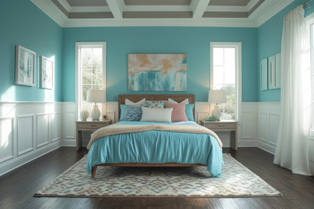 Spacious bedroom with blue walls and stylish wooden furnitureの素材