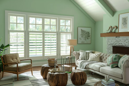 Bright living room with natural light, chic decor, and green wallsの素材