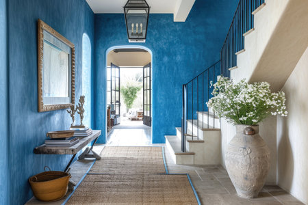 Bright blue entryway with a rustic bench, large vase with flowers, and an elegant staircaseの素材