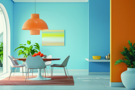 Modern dining room with bright colors and stylish decorの素材