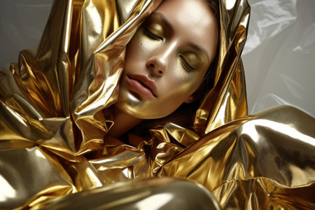 Woman with golden makeup wrapped in a metallic gold fabricの素材
