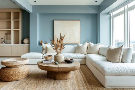 A bright and spacious corridor with vibrant blue walls and natural wood flooringの素材