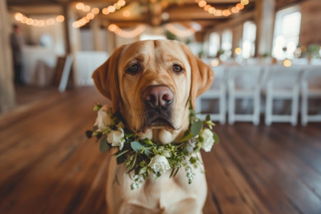 A gentle Labrador adorned with a floral wreath sits attentively at an indoor eventの素材