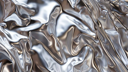 A detailed shot of fluid silver waves in an abstract metallic textureの素材