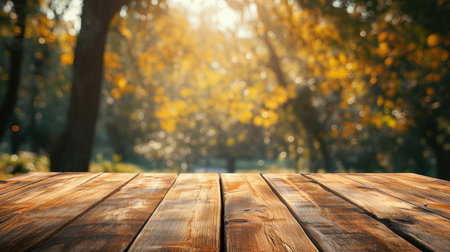 Empty wooden tabletop with a defocused autumn forest backgroundの素材