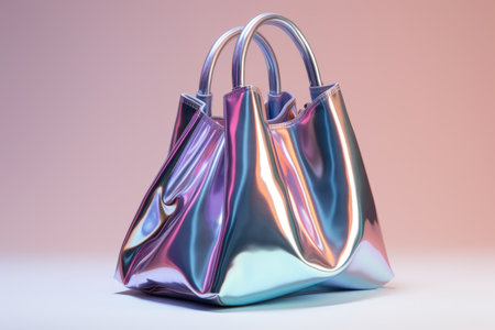 Shiny holographic handbag against a soft pastel backgroundの素材