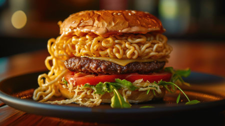 Ramen Burger with Noodles and Beef Patty, hybrid foodの素材