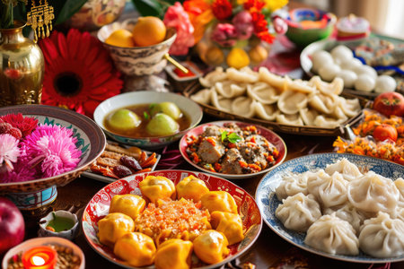 A vibrant table spread of traditional Lunar New Year dishesの素材