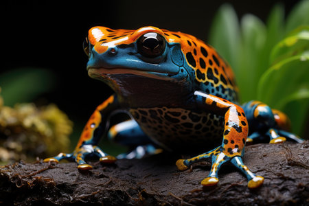 Vibrant tropical frog on a log, showing nature's vivid patternsの素材