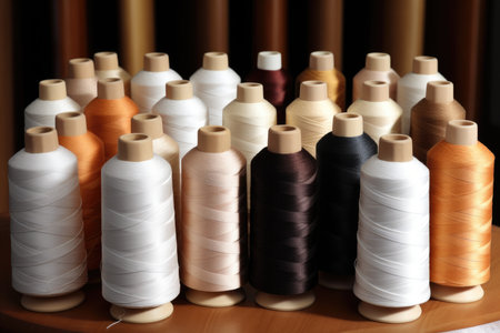 Row of thread spools in neutral tones for textile manufacturingの素材
