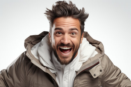 Cheerful young man in a winter jacket with an exuberant laughの素材
