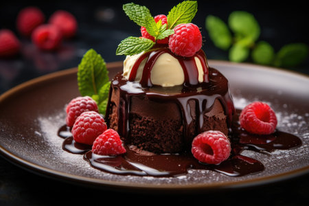 Chocolate lava cake topped with vanilla ice cream and fresh raspberriesの素材