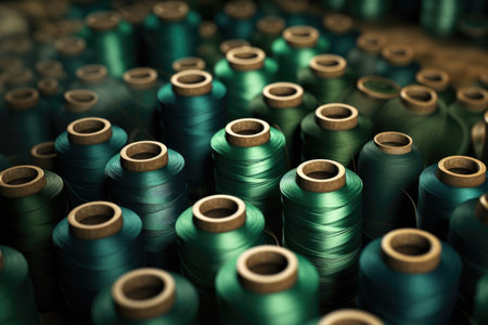 Green thread spools arranged, highlighting the textile industry's intricacyの素材