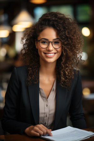 Cheerful businesswoman with glasses smiling at cameraの素材