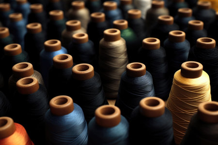 Close-up of a collection of colorful sewing threads, highlighting texture and varietyの素材
