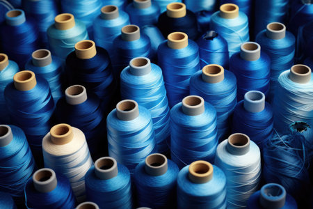 Multiple spools of thread in varying shades of blue, focused on textile productionの素材