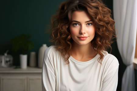 A serene young woman with luxurious curly hair and subtle makeup in a modern home settingの素材