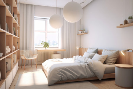 Airy bedroom design with cityscape through windowの素材