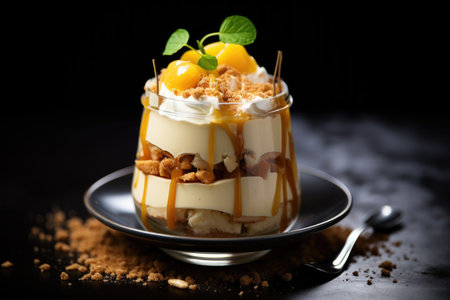 Layered mango trifle with caramel drizzle in an elegant glass jarの素材