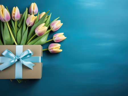 Fresh tulip flowers beside a gift box with blue ribbon on a blue backgroundの素材