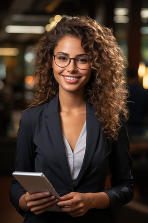 A young, smiling businesswoman in glasses holding a tabletの素材