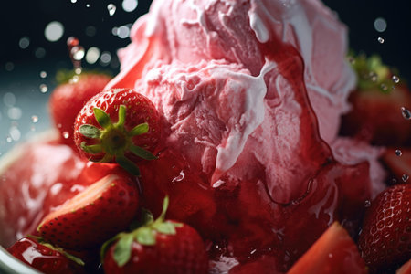 Strawberries and pink ice cream in a dynamic splash sceneの素材