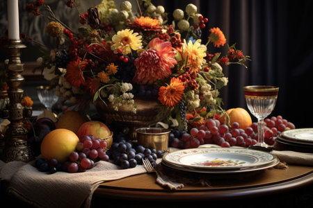 Opulent fruit and flower arrangement on an elegantly set table with vintage vibesの素材