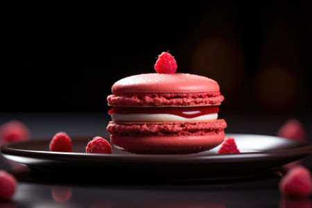 A large raspberry macaron with cream filling on a dark plateの素材
