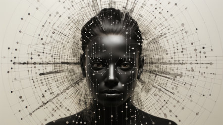 Black and white portrait of a woman overlaid with digital networkの素材