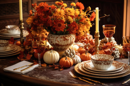 A warm, festive table setting with autumnal decorations and Thanksgiving themeの素材