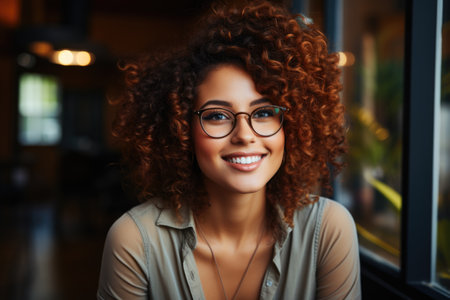 Cheerful young woman with curly hair and glasses in a relaxed settingの素材